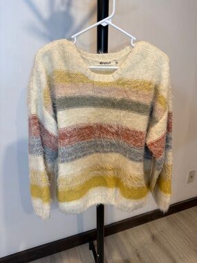 Free People Cream Fuzzy Crewneck Sweater with Yellow, Gray, Pink & Rust Stripes